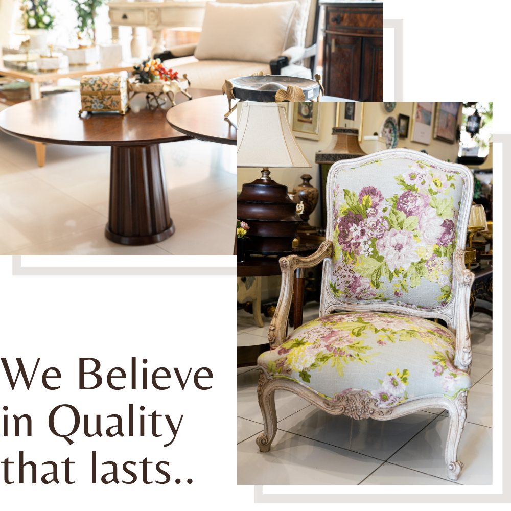 White armchairs with floral patterns on fabric for sale. Shown alongside with premium rounded Coffee Tables for sale.