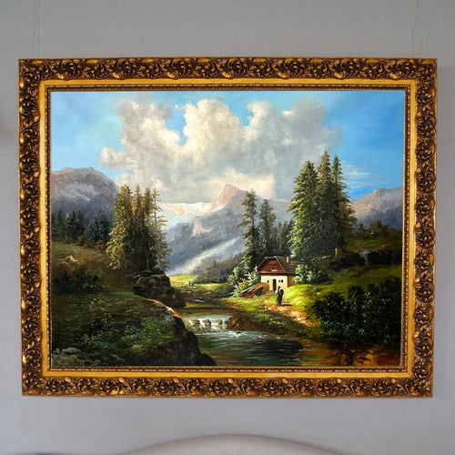 Scenic oil painting on canvas showing a mountaneous landscape with a country home.
