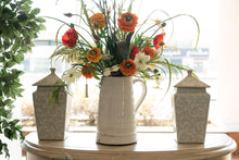 Load image into Gallery viewer, An Artificial flower arrangement on a white-colored vase with handle and 2 additional jarred vases
